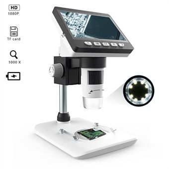 Inskam307 1000X 4,3-tommer HD 1080P LCD digitalt mikroskop justerbart skrivebordsmikroskopkamera med 8-LED (understøtter 10 sprog)