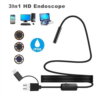 8MM Micro USB/Type-C/USB 3-i-1 HD Endoskop Vandtæt Borescope Tube-kamera med 8 hvide LED-lys