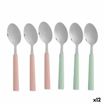 Sæt med skeer Dessert Grøn Pink Sølvfarvet Rustfrit stål Plastik 15,7 cm (12 enheder)