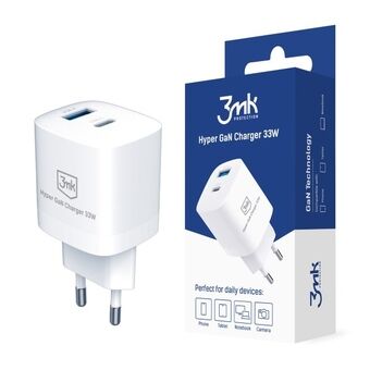 3MK Hyper GaN Charger 33W Power Delivery er en netoplader med en USB-A-port og en USB-C-port.