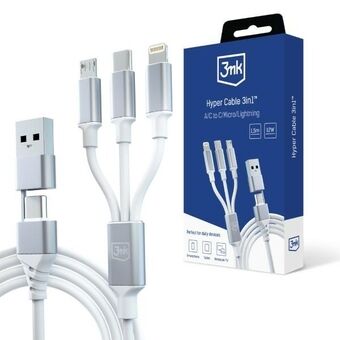 3MK Hyper kabel 3i1 USB-A/USB-C - USB-C/Micro/Telefon 1.5m Hvid/White Kabel