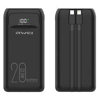 AWEI PowerBank P169K 20000mAh 22.5W sort/sort display + kabler PD/Telefon