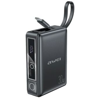 AWEI PowerBank med indbygget kabel P87K 10000mAh sort/black 30W