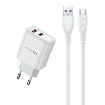 AWEI lad. net. PD81T-EU 22,5W + kabel USB + USB-C hvid/white GaN