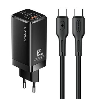 USAMS Oplader MT 2xUSB-C+USB GaN 65W T33 PD + kabel USB-C-USB-C 100W Lynopladning sort MTXLOGTC01