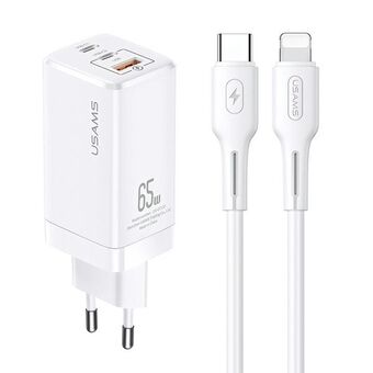 Sure, here is the translation to Danish:

USAMS Oplader MT 2xUSB-C+USB GaN 65W T33 PD + kabel USB-C-Telefon 30W Hurtigopladning hvid/white MTXLOGTL02