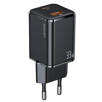 USAMS Opl. netværk. 1xUSB-C+1xUSB T43 33W (kun hoved) PD3.0 +QC3.0 Hurtig Opladning sort/sort CC144TC01 (US-CC144)