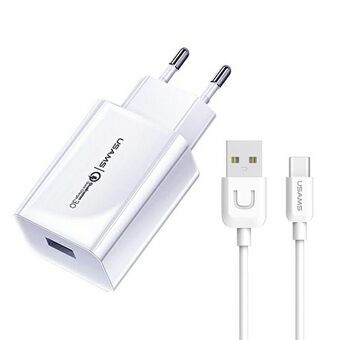 USAMS Oplader. Netværk. 1xUSB T22 18W 3A QC3.0 + USB-C kabel 1m hvid (T48) T48OCLN01.