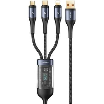 USAMS Kabel flettet U83 3-i-1 66W 1,2m Digitalt Display PD Hurtigopladning (Telefon/microUSB/USB-C) sort SJ582USB01 (US-SJ582)