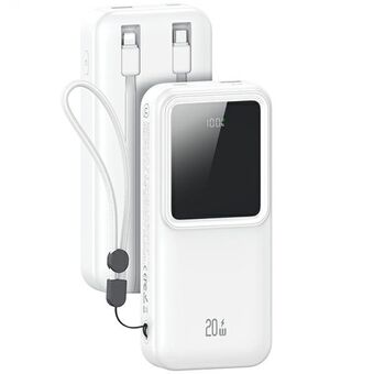 Sure! Here is the translated text to Danish:

USAMS Powerbank med indbyggede kabler USB-C+Telefon 30000 mAh 20W PD+Qc 3.0 Hurtigopladning X-chel Series hvid/hvid 30KCD21302 (US-CD213)