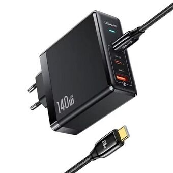 USAMS Oplader, Strømadapter. 2xUSB-C + 1xUSB T52 PD140W PD Hurtigopladning US-CC168 + kabel U82 USB-C/USB-C US-SJ581 240W sort UM-serien UMXLOGTC01