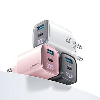 USAMS Nettoplad. CC229 30W GaN USB-C/USB-A Hurtig Opladning XC-serie lyserød/pink CC229TC03