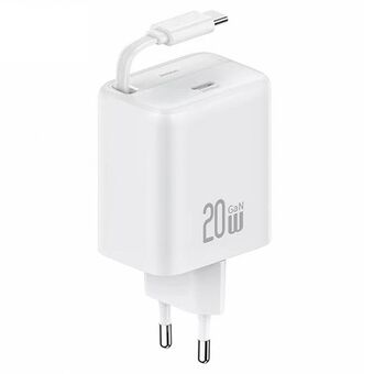 Sure, here is the translation to Danish:

USAMS Oplader med 1x USB-C og USB-C udtrækkeligt kabel Retractable PD+QC 20W Gan Fast Charging hvid YC Series CC233TC02 (US-CC233)