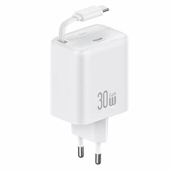 USAMS USB-oplader 1xUSB-C med oprullelig USB-C-kabel Retractable PD+QC 30W Gan Hurtigopladning hvid/white YC Series CC241TC02 (US-CC241)