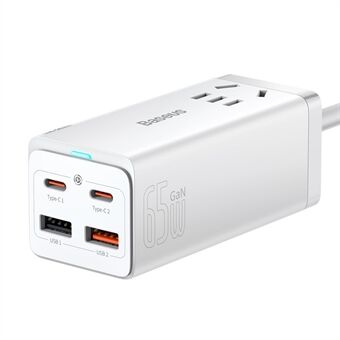 BASEUS GaN3 Pro Desktop Powerstrip AC+2 USB+2 Type-C Porte 65W CN-Stikdåse med 1m Type-C til Type-C Kabel - Hvid