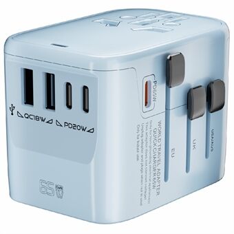 HHT906 PD 65W GaN Worldwide Rejse Strømadapter 2xUSB+3xType-C Vægoplader Plug Konverter