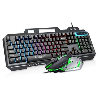 T-WOLF TF600 Baggrundsbelyst kablet 104-tasters gaming tastatur med kablet mus til gaming og arbejde.