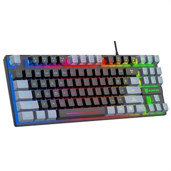 XUNFOX K10 USB Wired Mekanisk Tastatur med 87 taster og farvet baggrundslys. Tastaturet giver en håndfornemmelse til gamere.