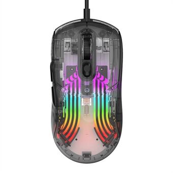 XUNFOX XYH10 USB forbundet gennemsigtig mus med 6 DPI indstillinger og 7 taster til spil med RGB-belysning til PC / bærbar computer - Sort