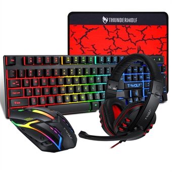 T-WOLF TF800 Gaming Keyboard + Mus + Gaming Headset + Musemåtte Combo LED bagbelyst kabelforbundet gamerpakke til gaming/arbejde