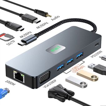 2309 Type-C til 11-Port USB Hub 4K 60Hz HD Skærmspejling Gigabit Ethernet Adapter Laptop Tablet Docking Station