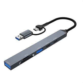 ADS-807D USB+Type-C-adapter til PD 100W opladning samt data- og læsekortsporter i multi-port hub.