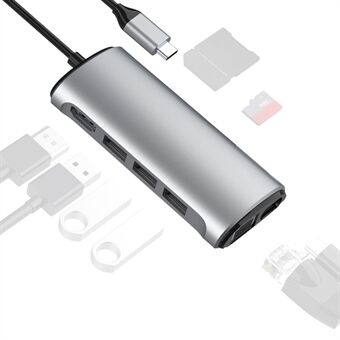 FX-1926B 8 i 1 Type-C Hub Dongle med HDMI 4K@60Hz / RJ45 Ethernet / 100W Strømlevering / SD / TF Kortlæser