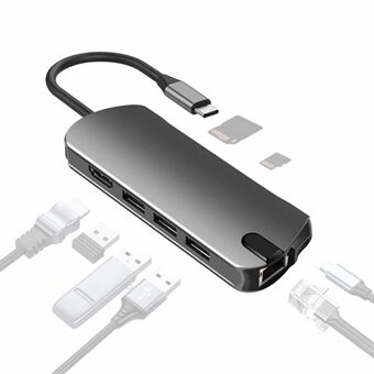 FX-1916 Type-C HUB 8 i 1 USB-C Adapter med 4K@30Hz HDMI / 100W PD USB C Port / USB 3.0 / RJ45 Ethernet / SD / TF Kortlæser Docking Station