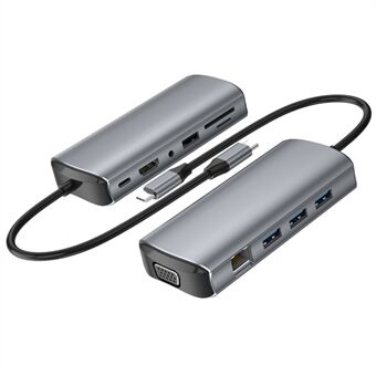 1928 11-i-1 Dockingstation Type-C til USB-C + USB2.0 + 3xUSB3.0 + SD / TF Kortlæser + 3,5mm + 4K HD + VGA + RJ45 USB Hub Adapter