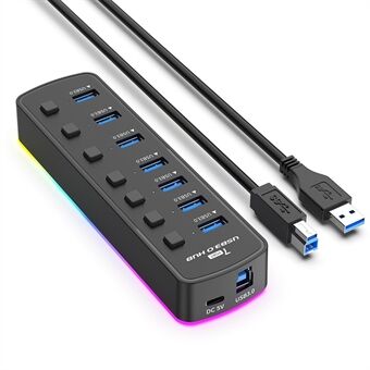 U307 7-Port USB 3.0 Hub Splitter med individuelle kontakter og 14 RGB-lystilstande til computer TV