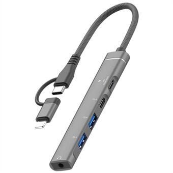 Type-C / 8-Pin 5-i-1 USB Hub Type-C Opladning + Type-C Data + 2xUSB + 3,5mm Hovedtelefonstik Adapter