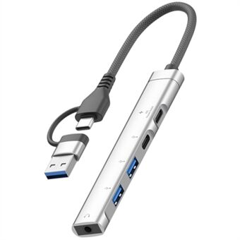 Type-C / USB-A 5-i-1 USB Hub Type-C Opladning + Type-C Data + 2xUSB + 3,5mm Headset Jack Adapter