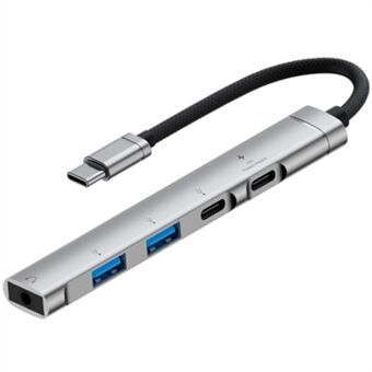 5-i-1 USB Hub Type-C til Type-C Opladning + Type-C Data + 2 X USB2.0 + 3.5mm Hovedtelefonstik Adapter