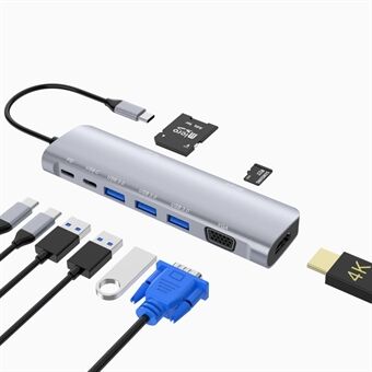 YSTC9048 9 i 1 Multi-port USB C Hub Bærbar højhastigheds datasynkroniseringskonverter USB C til USB3.0 TF SD Adapter Support HDMI VGA