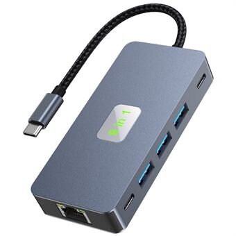 2318 Type-C Hub med 3xUSB 3.0+HD Video Output+2xKortlæsere+PD 100W+RJ45 Ethernet+USB-C Datakonverter