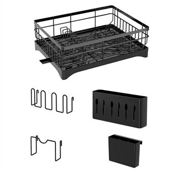 Opvaskestativ til køkkenvask af kulsstofstål med kopholder, spisepindsholder og skærebrætsholder.