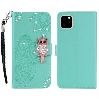 Påtrykt ugle Shiny rhinestone læder telefontaske Pungcover med rem til iPhone 13 mini 