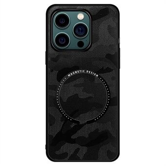 Til iPhone 14 Plus Magnetisk trådløs opladning Beskyttelsescover Læder + PC + TPU-camouflage-telefontaske med indbygget metalplade
