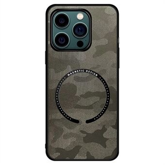 Til iPhone 14 Plus Magnetisk trådløs opladning Beskyttelsescover Læder + PC + TPU-camouflage-telefontaske med indbygget metalplade