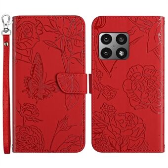 Til OnePlus 10 Pro Butterfly Flowers Imprinting PU-læder pungtelefonetui Stænksikkert Stand med praktisk rem