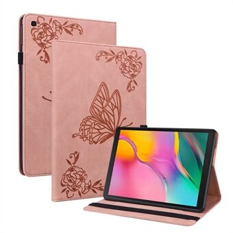 Tabletdække med indgraveret sommerfugl-blomstermønster, stødsikker PU-læderstander med kortholder til Samsung Galaxy Tab A 10.1 (2019) T510 T515