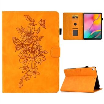 Til Samsung Galaxy Tab A 10.1 (2019) T510 / T515. Etui med sommerfugl blomstermønster trykt på kunstlæder, med syet søm. Etuiet har også en ståfunktion og beskytter mod ridser med auto wake/sleep funktion.