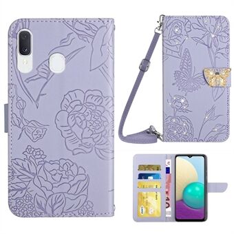 Til Samsung Galaxy A20e Skin-touch læderetui med skulderrem, sommerfugleblomster prægning Stand Rhinestone Decor Phone Shell