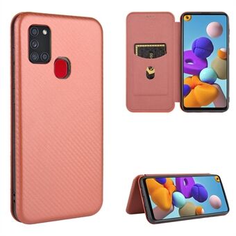 Carbon Fiber Card Slot Autoabsorberet lædercover til Samsung Galaxy A21s