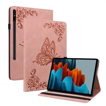 Ridsefri tablet-cover med indgravering af sommerfuglblomst, stødsikker PU-læderstander, kortholder etui til Samsung Galaxy Tab S7 / Tab S8.