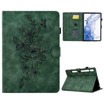 Tabletdækning til Samsung Galaxy Tab S8 X700 X706 / S7 2020 T870 T875 - Etui med sommerfuglblomstermønster, præget i PU-læder og syet med pyntestikninger. Med kortholder og stander.