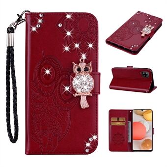 Rhinestone Decoration Imprint Owl Leather Shell Wallet Stand Phone Cover til Samsung Galaxy A42 5G