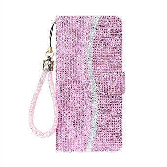 Glittery Pulver Splicing Wallet Stand Læder Telefon Cover Cover til Samsung Galaxy A42 5G