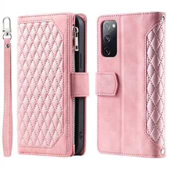 005 Smartphone Cover til Samsung Galaxy S20 FE 2022 / S20 Lite / S20 FE 5G / 4G, Handy Strap Rhombus Grid Tekstureret PU Læder Lynlås Pocket Stand Wallet Case