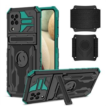 Hård PC + Blød TPU Dobbeltlag Anti-fald Beskyttende Cover Justerbart Håndledsrem Design Hybrid Telefon Etui med Stativ til Samsung Galaxy A12